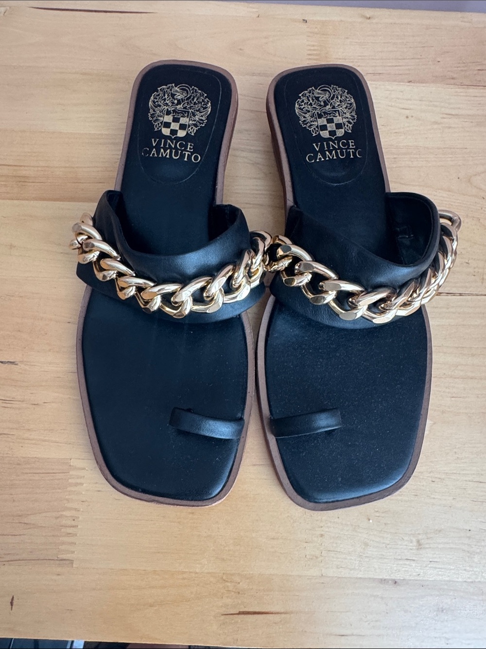 Vince Camuto Black Slide Sandals with Gold Chain Accent